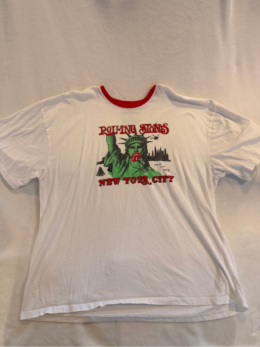 the Rolling Stones White Ringer Tee with Red and Green New York Graphic